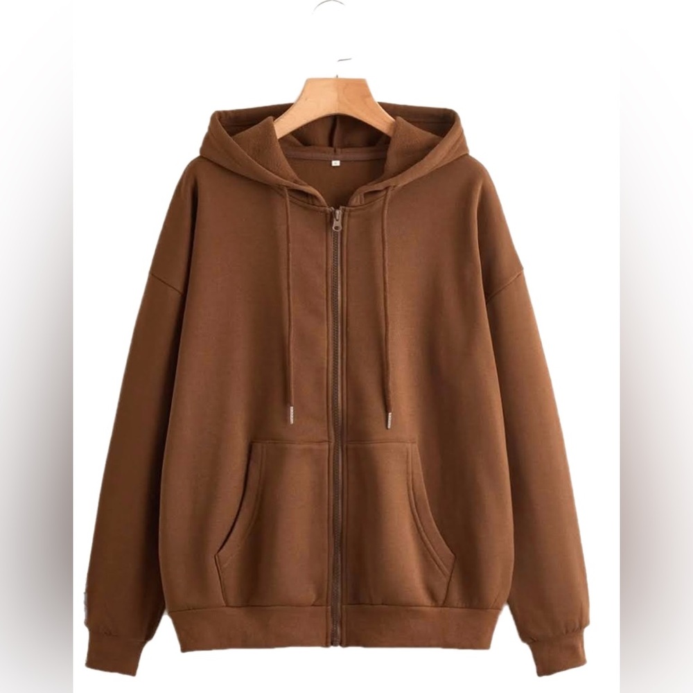 SHEIN EZwear Drop Shoulder Zip Up Drawstring Hoodie in Coffee Brown (Size 6)